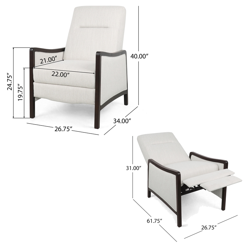 Reina Recliner Chair with Push-Back- Brown Birch Wood- Beige Fabric
