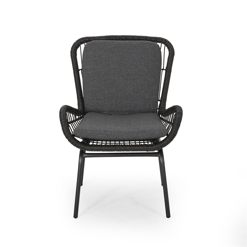 Patio Accent Chair Set of 2- Open Wicker- Round Edge- Black Iron- Gray