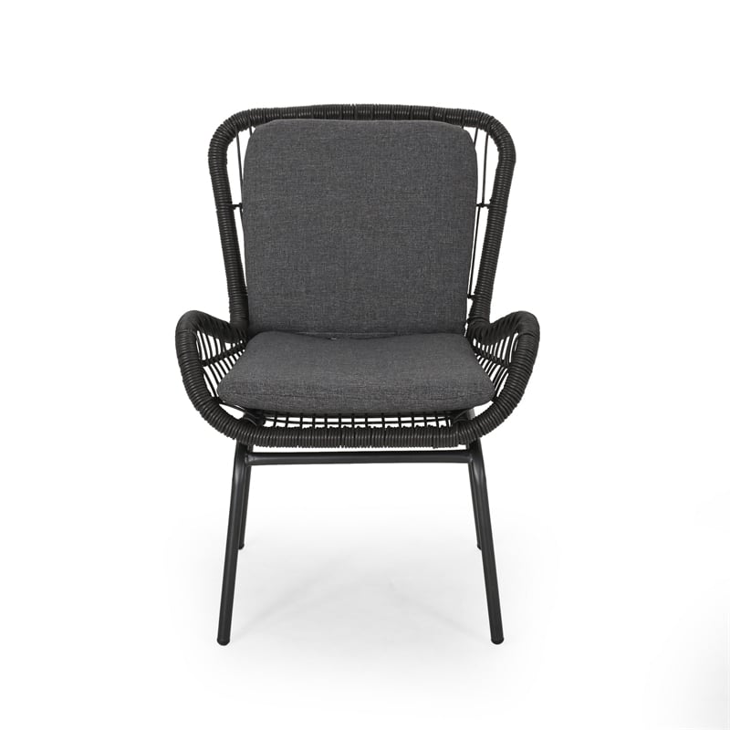 Patio Accent Chair Set of 2- Open Wicker- Round Edge- Black Iron- Gray
