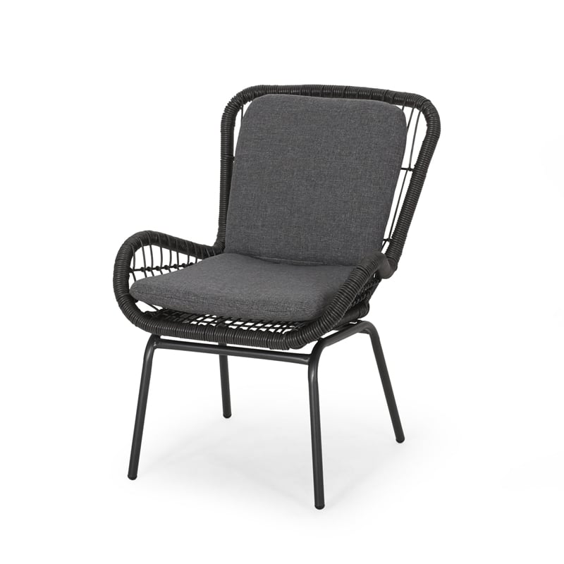 Patio Accent Chair Set of 2- Open Wicker- Round Edge- Black Iron- Gray