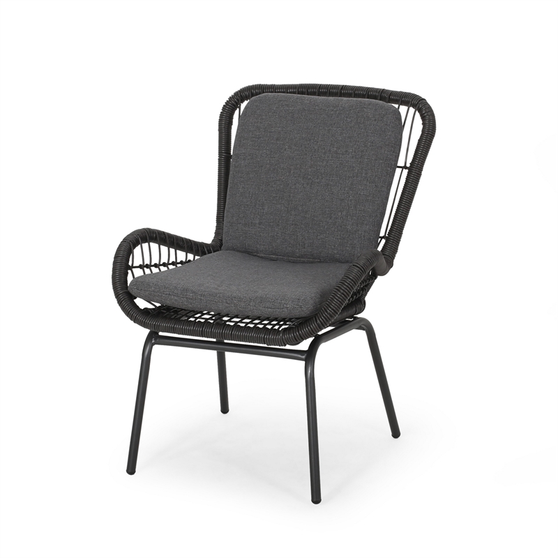 Patio Accent Chair Set of 2- Open Wicker- Round Edge- Black Iron- Gray