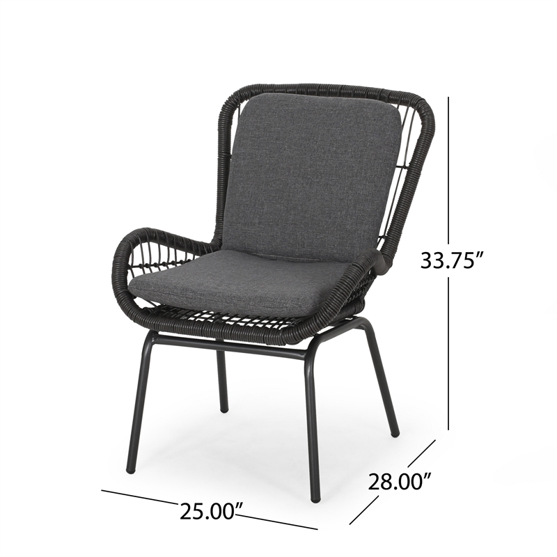Patio Accent Chair Set of 2- Open Wicker- Round Edge- Black Iron- Gray