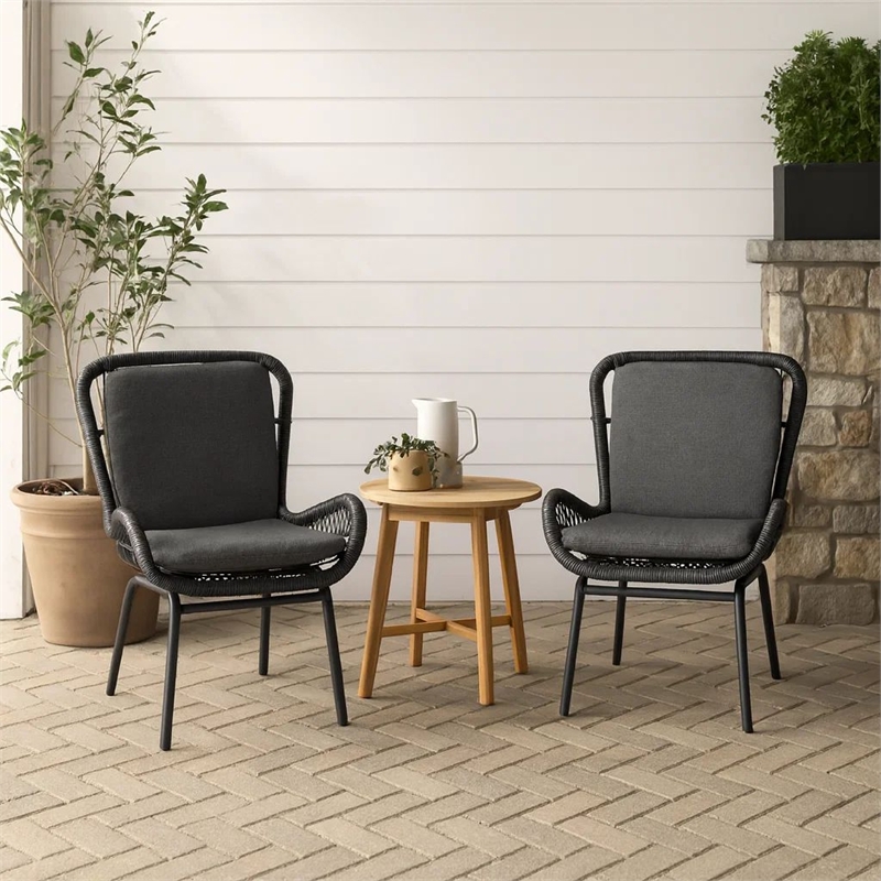 Patio Accent Chair Set of 2- Open Wicker- Round Edge- Black Iron- Gray