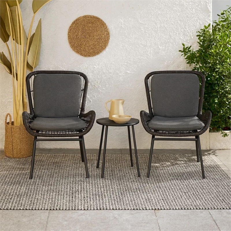 Patio Accent Chair Set of 2- Open Wicker- Round Edge- Black Iron- Gray