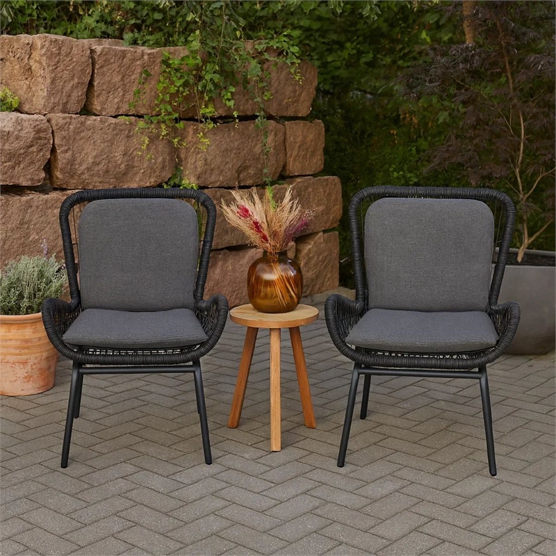 Patio Accent Chair Set of 2- Open Wicker- Round Edge- Black Iron- Gray
