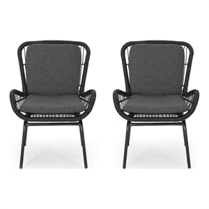 Patio Accent Chair Set of 2- Open Wicker- Round Edge- Black Iron- Gray