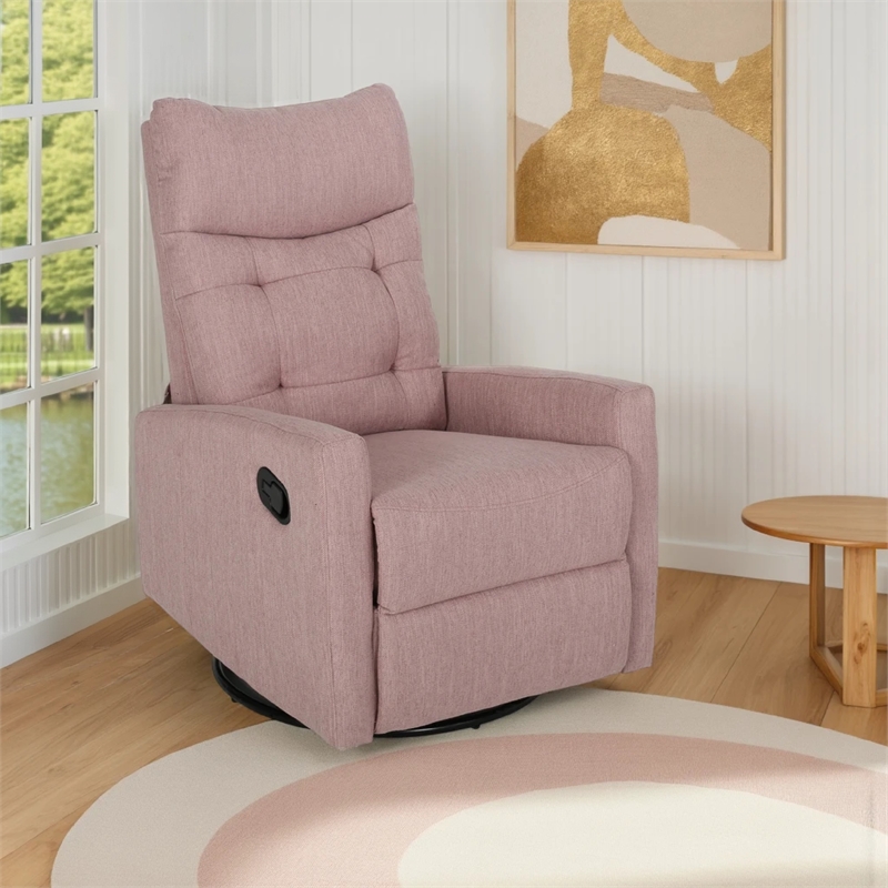 Push Back Glider Recliner Chair with Swivel- Blush Pink Tufted Fabric