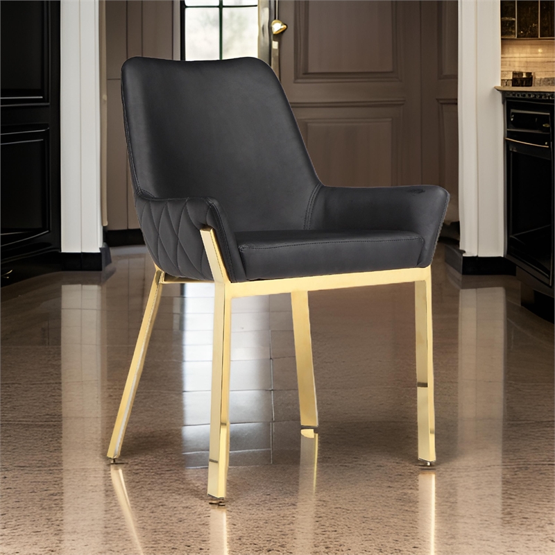 Fuma 23 Inch Dining Accent Chair Set of 2- Tufted- Black Faux Leather- Gold