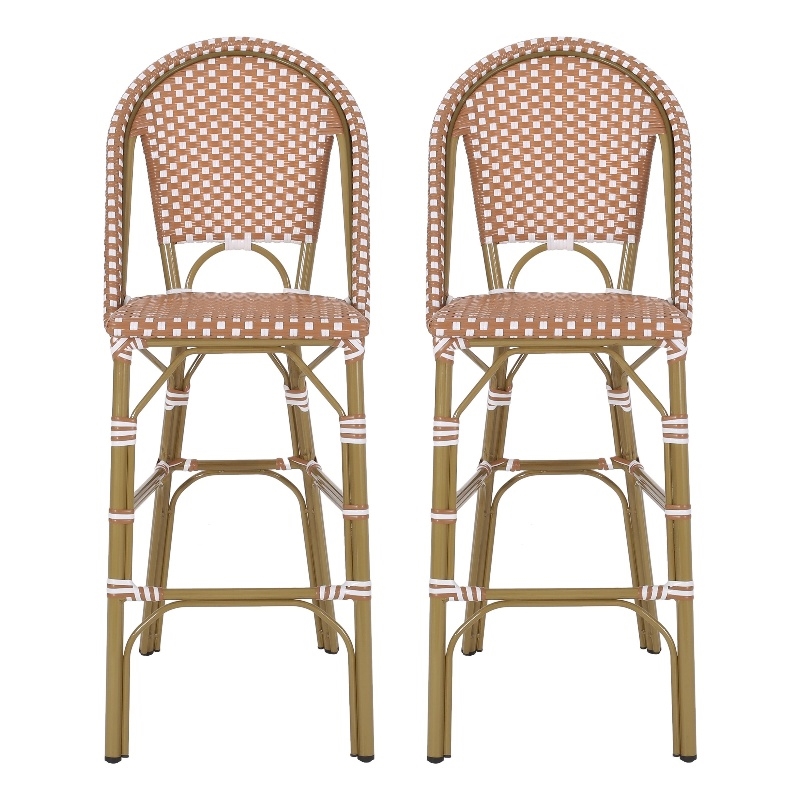 46 Inch Outdoor Barstool Chair Set of 2- Red White Brown Woven Wicker