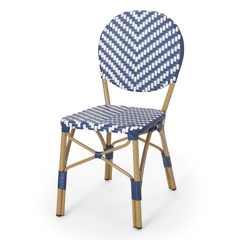 Outdoor French Bistro Chair Set of 2- White Blue Wicker Woven- Brown