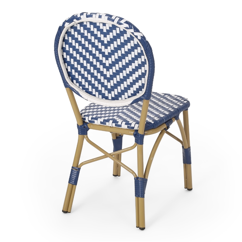 Outdoor French Bistro Chair Set of 2- White Blue Wicker Woven- Brown