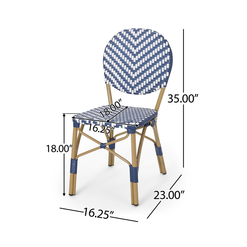 Outdoor French Bistro Chair Set of 2- White Blue Wicker Woven- Brown