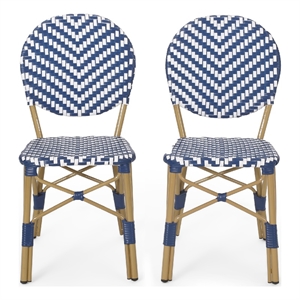 Outdoor French Bistro Chair Set of 2- White Blue Wicker Woven- Brown