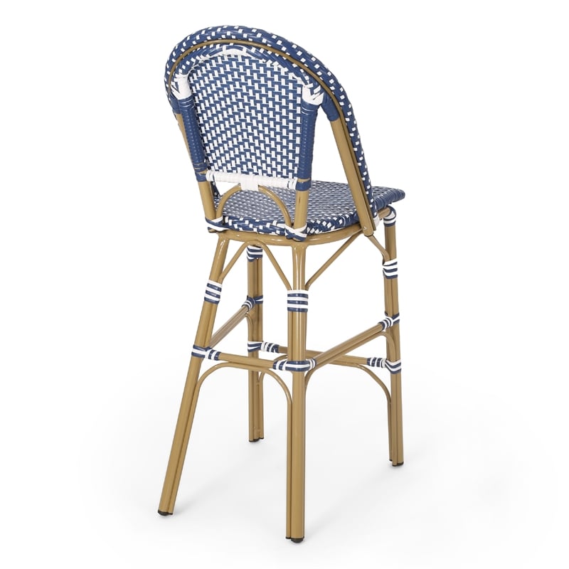 Meso Outdoor Barstool Chair Set of 2- White Blue Wicker Woven- Brown