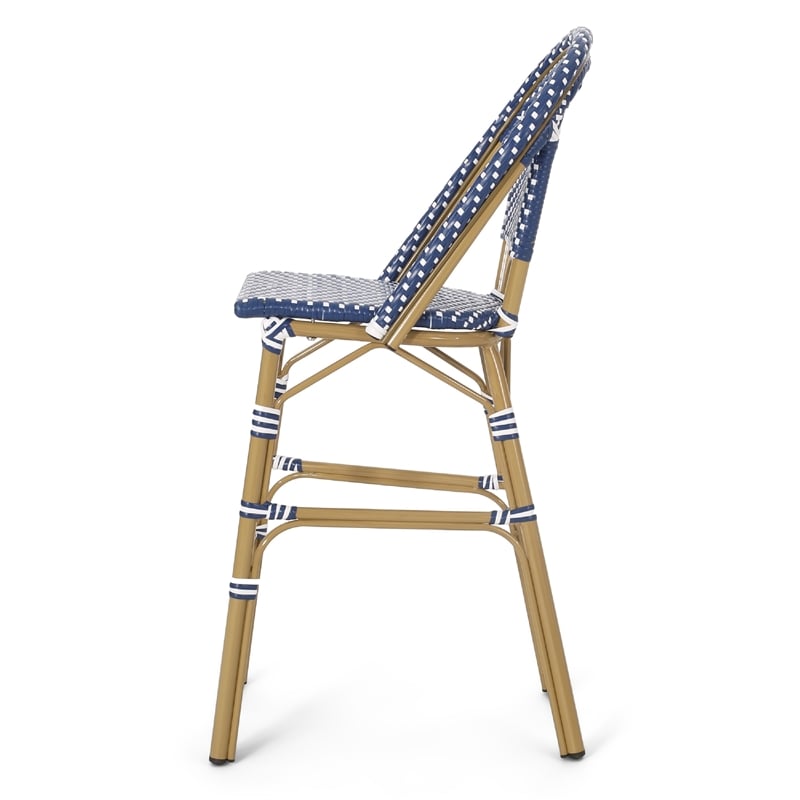 Meso Outdoor Barstool Chair Set of 2- White Blue Wicker Woven- Brown