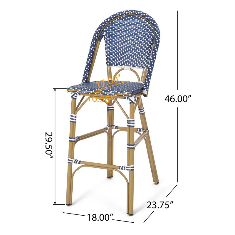Meso Outdoor Barstool Chair Set of 2- White Blue Wicker Woven- Brown