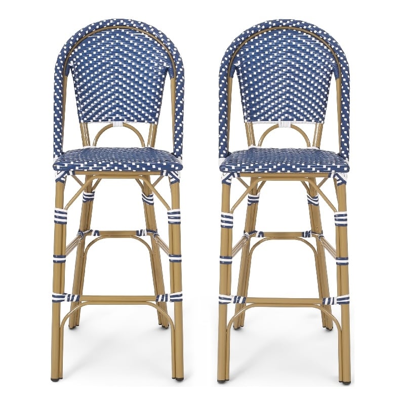 Meso Outdoor Barstool Chair Set of 2- White Blue Wicker Woven- Brown