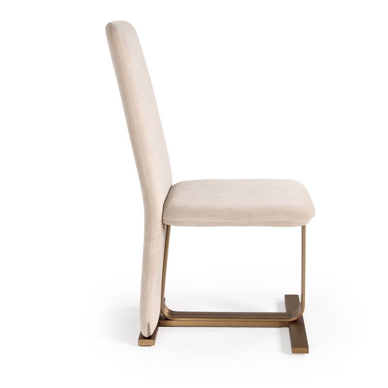 Cid Jim 19 Inch Dining Chair Set of 2- Beige Velvet Fabric- Brushed Brass