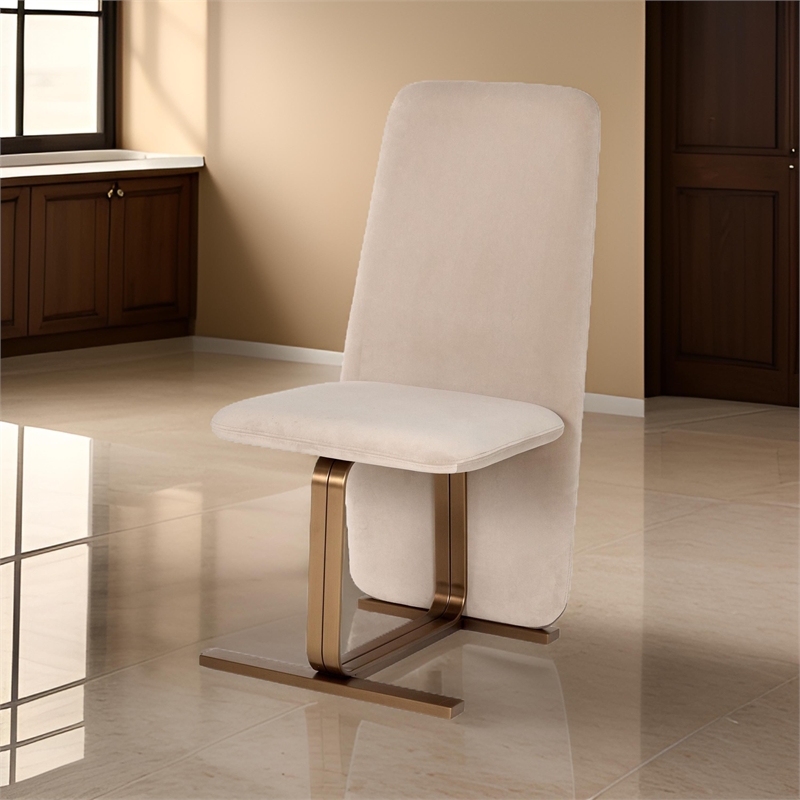 Cid Jim 19 Inch Dining Chair Set of 2- Beige Velvet Fabric- Brushed Brass