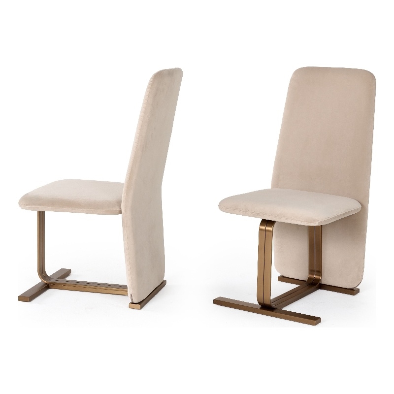 Cid Jim 19 Inch Dining Chair Set of 2- Beige Velvet Fabric- Brushed Brass