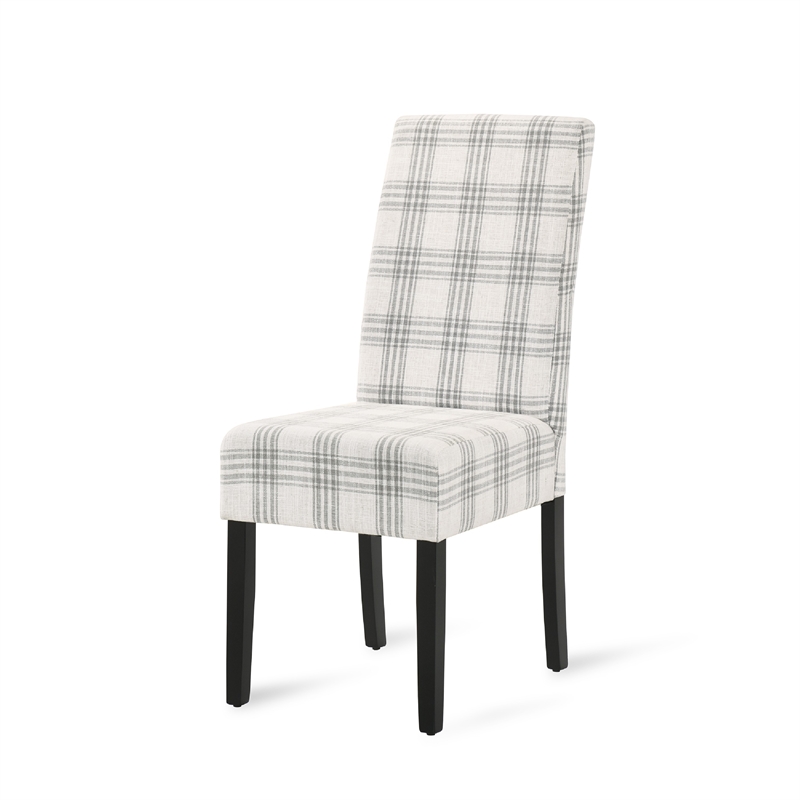 Cini Dining Side Chair Set of 2- Gray Plaid Fabric- Black Wood Legs