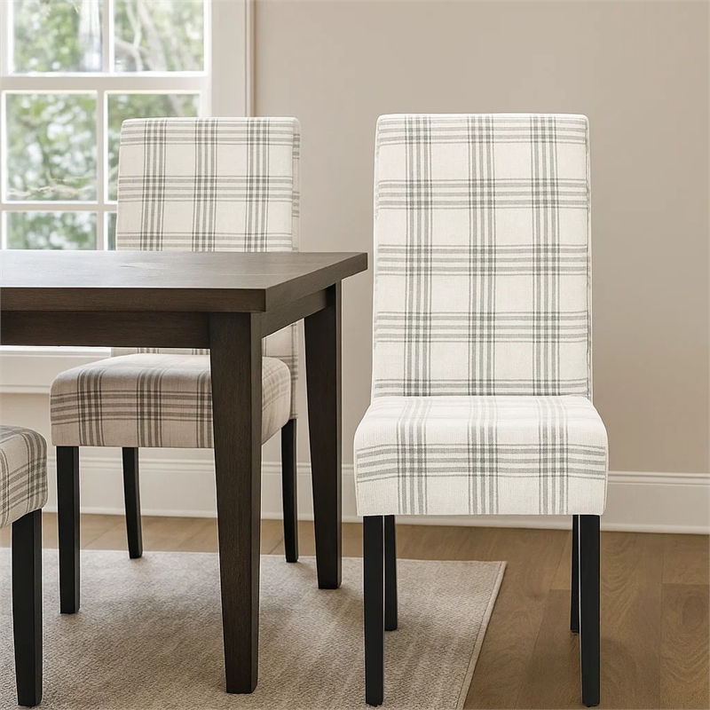 Cini Dining Side Chair Set of 2- Gray Plaid Fabric- Black Wood Legs