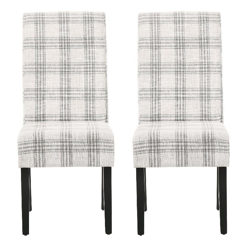 Cini Dining Side Chair Set of 2- Gray Plaid Fabric- Black Wood Legs