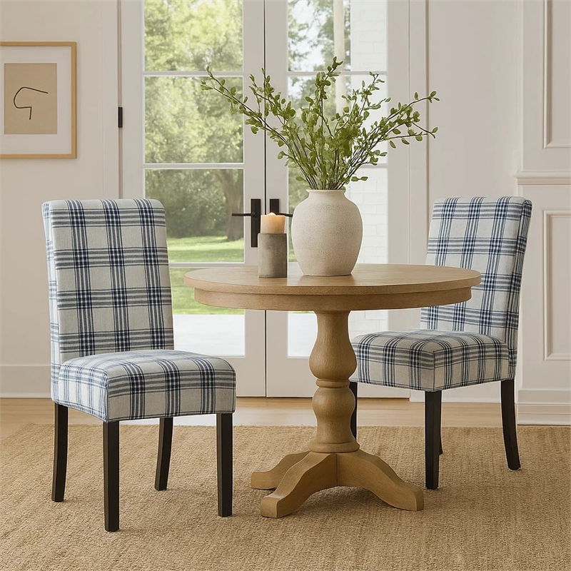 Cini Dining Side Chair Set of 2- Blue Cream Fabric- Black Wood Legs