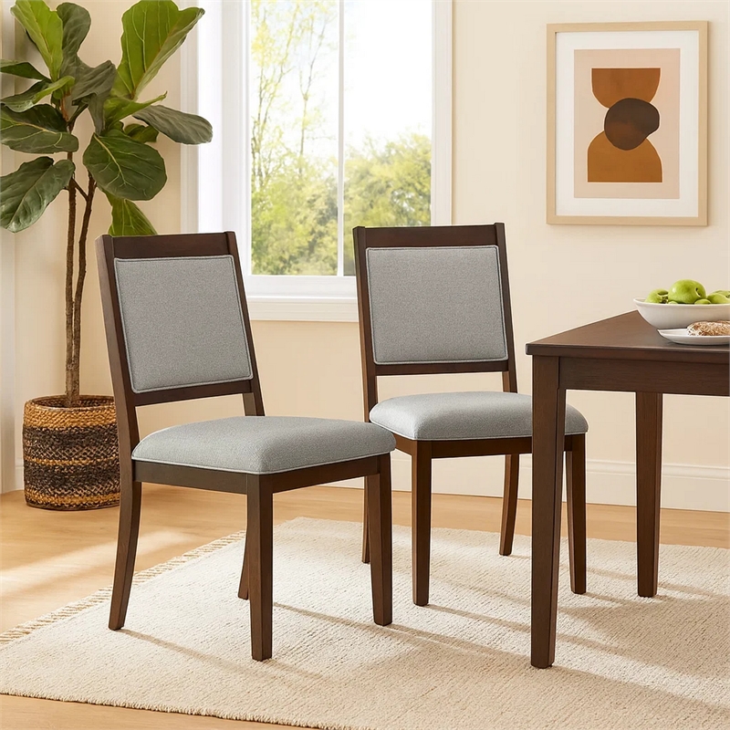 Tom Side Dining Chair Set of 2- Brown Solid Wood- Gray Woven Fabric