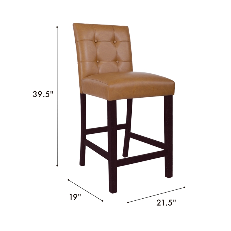 Popa Counter Stool Chair Set of 2- Brown Faux Leather- Tufted Back