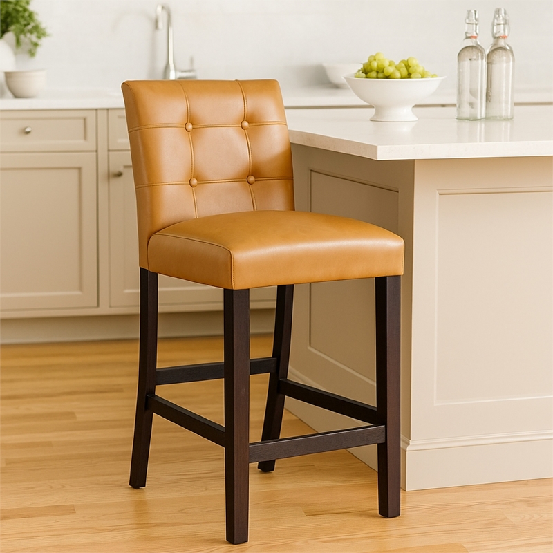 Popa Counter Stool Chair Set of 2- Brown Faux Leather- Tufted Back