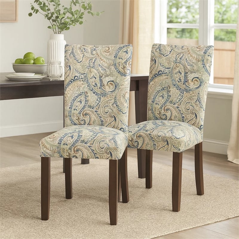 Jax Parsons Dining Chair Set of 2- Cream Blue Velvet Paisley Print