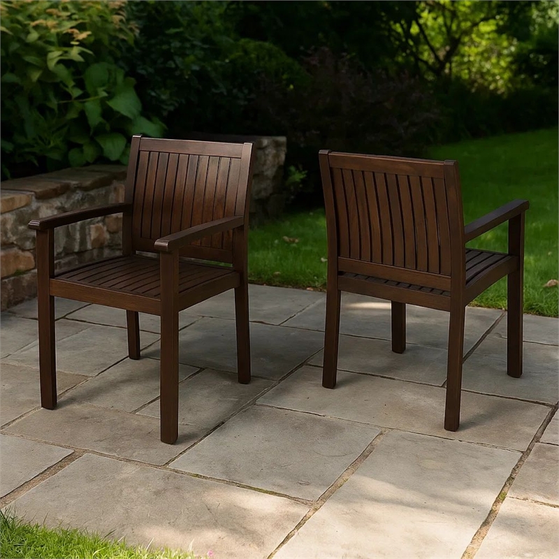 Alison Outdoor Dining Arm Chair Set of 2- Slatted Brown Acacia Wood