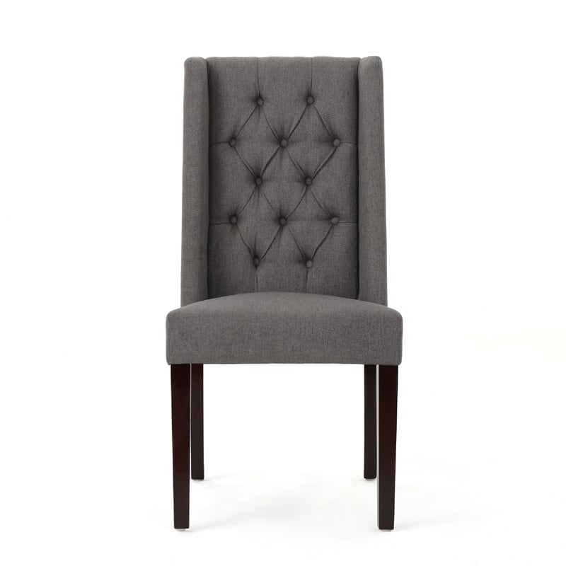 Nathan Dining Chair Set of 2- Dark Brown Wood- Tufted Gray Wingback