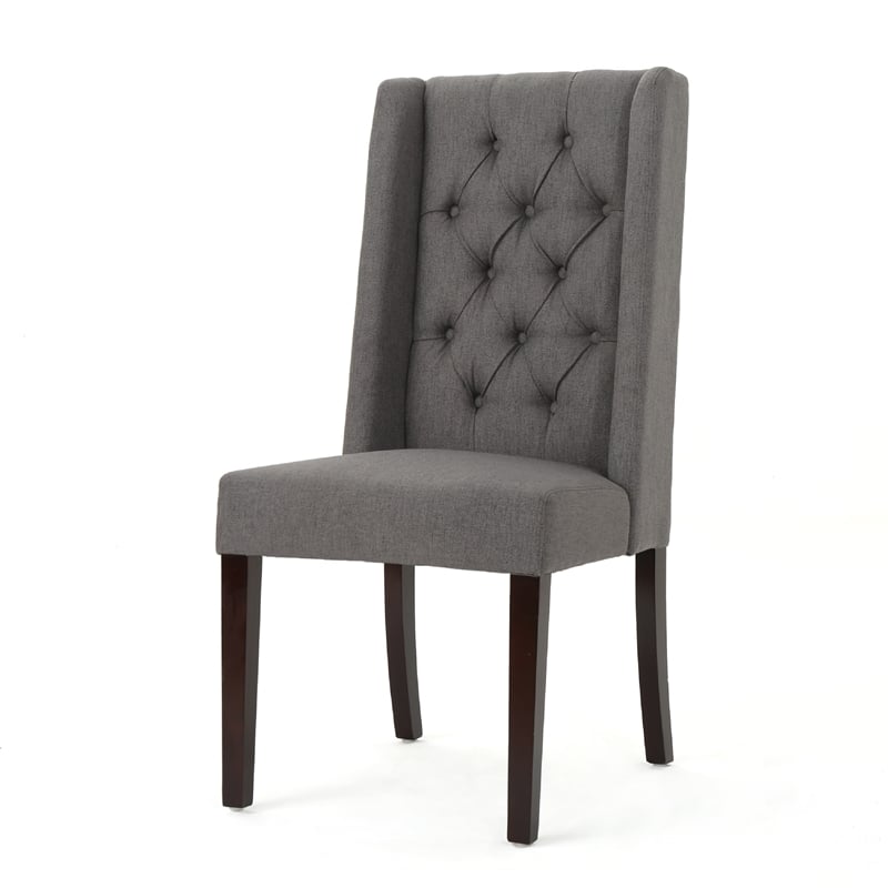 Nathan Dining Chair Set of 2- Dark Brown Wood- Tufted Gray Wingback