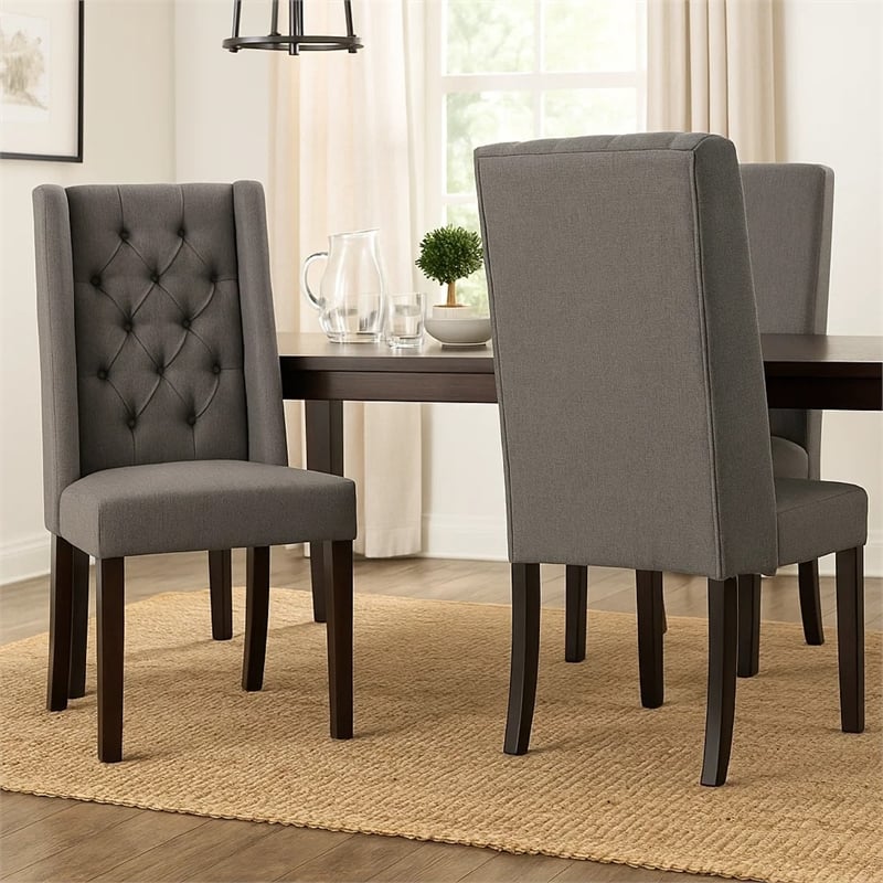 Nathan Dining Chair Set of 2- Dark Brown Wood- Tufted Gray Wingback