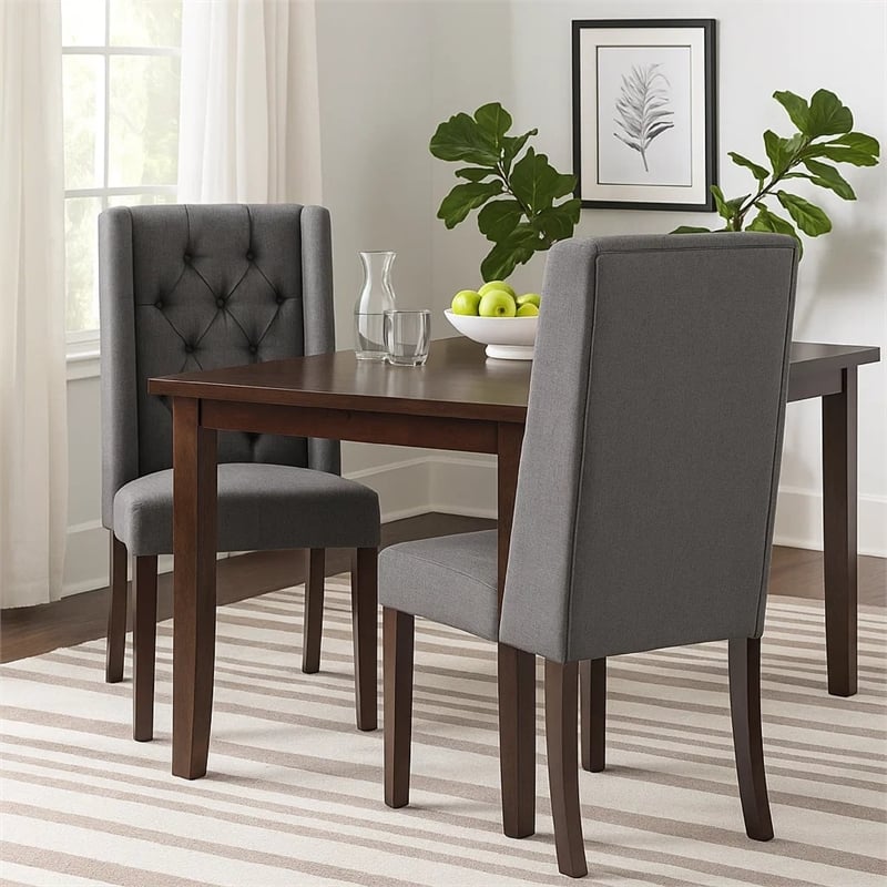 Nathan Dining Chair Set of 2- Dark Brown Wood- Tufted Gray Wingback