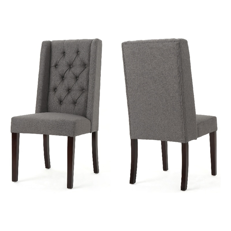 Nathan Dining Chair Set of 2- Dark Brown Wood- Tufted Gray Wingback