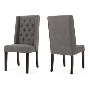 Nathan Dining Chair Set of 2- Dark Brown Wood- Tufted Gray Wingback