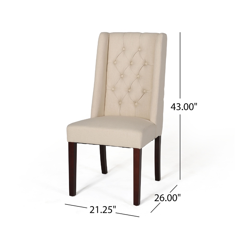 Nathan Dining Chair Set of 2- Dark Brown Wood- Tufted Beige Wingback