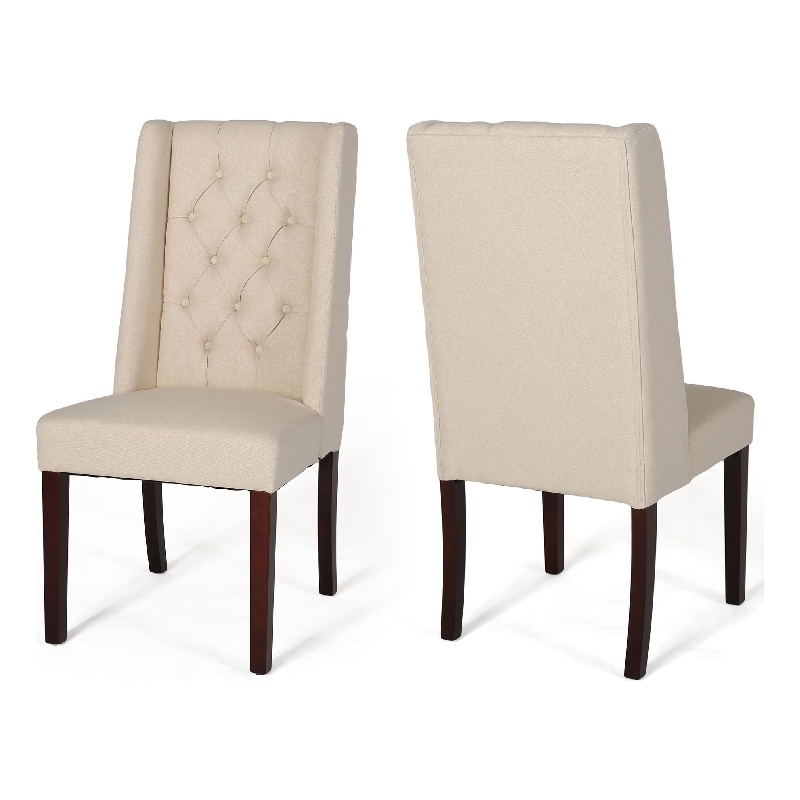Nathan Dining Chair Set of 2- Dark Brown Wood- Tufted Beige Wingback