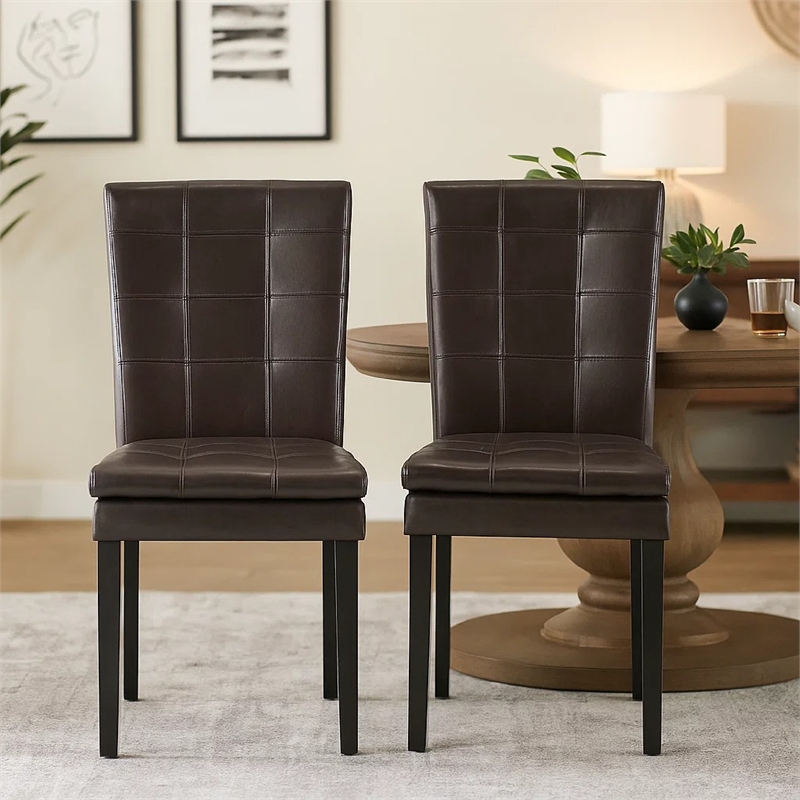 Brenda Dining Chair Set of 2- Chocolate Brown Tufted Faux Leather