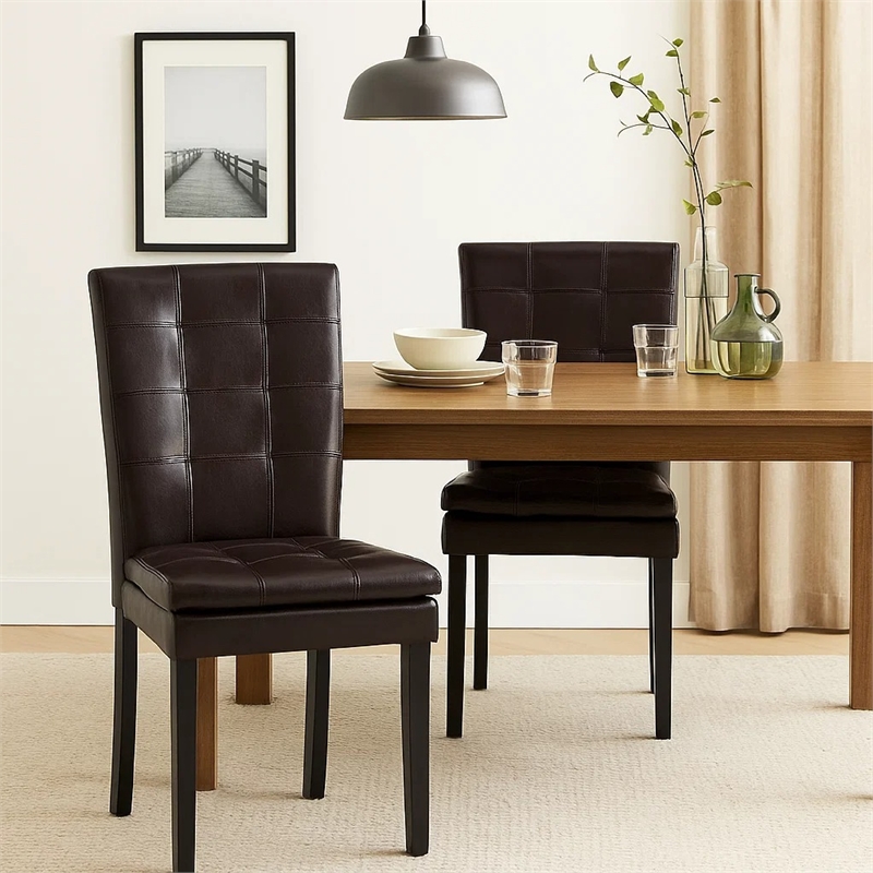 Brenda Dining Chair Set of 2- Chocolate Brown Tufted Faux Leather