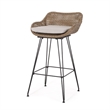 Outdoor Barstool Chair Set of 2- Beige Fabric- Brown Rattan- Black