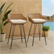 Outdoor Barstool Chair Set of 2- Beige Fabric- Brown Rattan- Black
