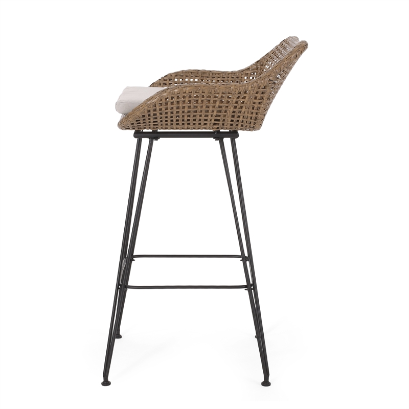 Outdoor Barstool Chair Set of 2- Beige Fabric- Brown Rattan- Black