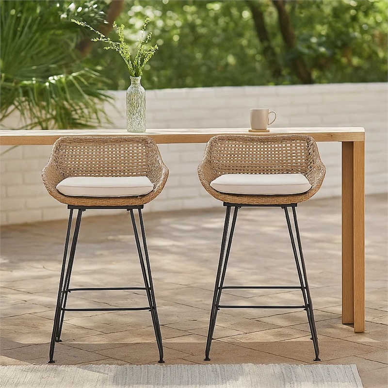 Outdoor Barstool Chair Set of 2- Beige Fabric- Brown Rattan- Black
