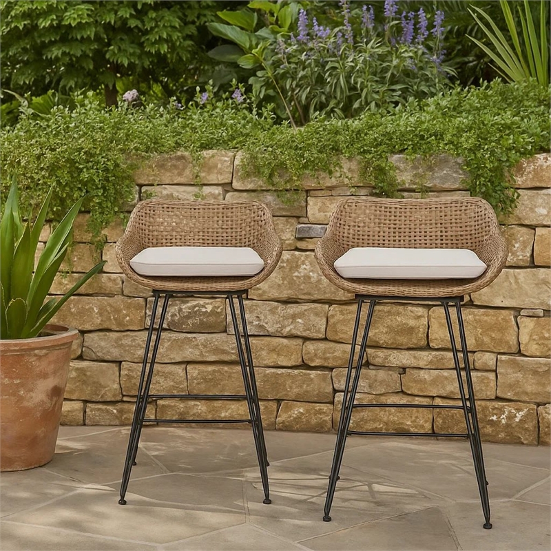 Outdoor Barstool Chair Set of 2- Beige Fabric- Brown Rattan- Black