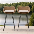 Outdoor Barstool Chair Set of 2- Beige Fabric- Brown Rattan- Black
