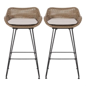 Outdoor Barstool Chair Set of 2- Beige Fabric- Brown Rattan- Black